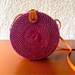 Handwoven‎ Round Rattan Bali Crossbody Bag Boho Sustainable Button Closure Batik